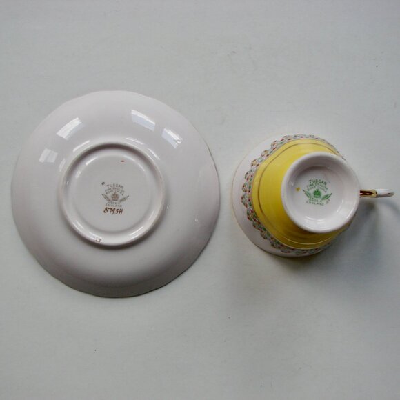 Vintage Fine Bone China Teacup and Saucer Pink Yellow Gold Gilt Tuscan England - Picture 8 of 9